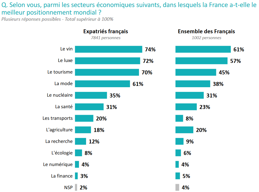 graphique secteurs dans lesquels la france à le meilleur positionnement mondial selon les français